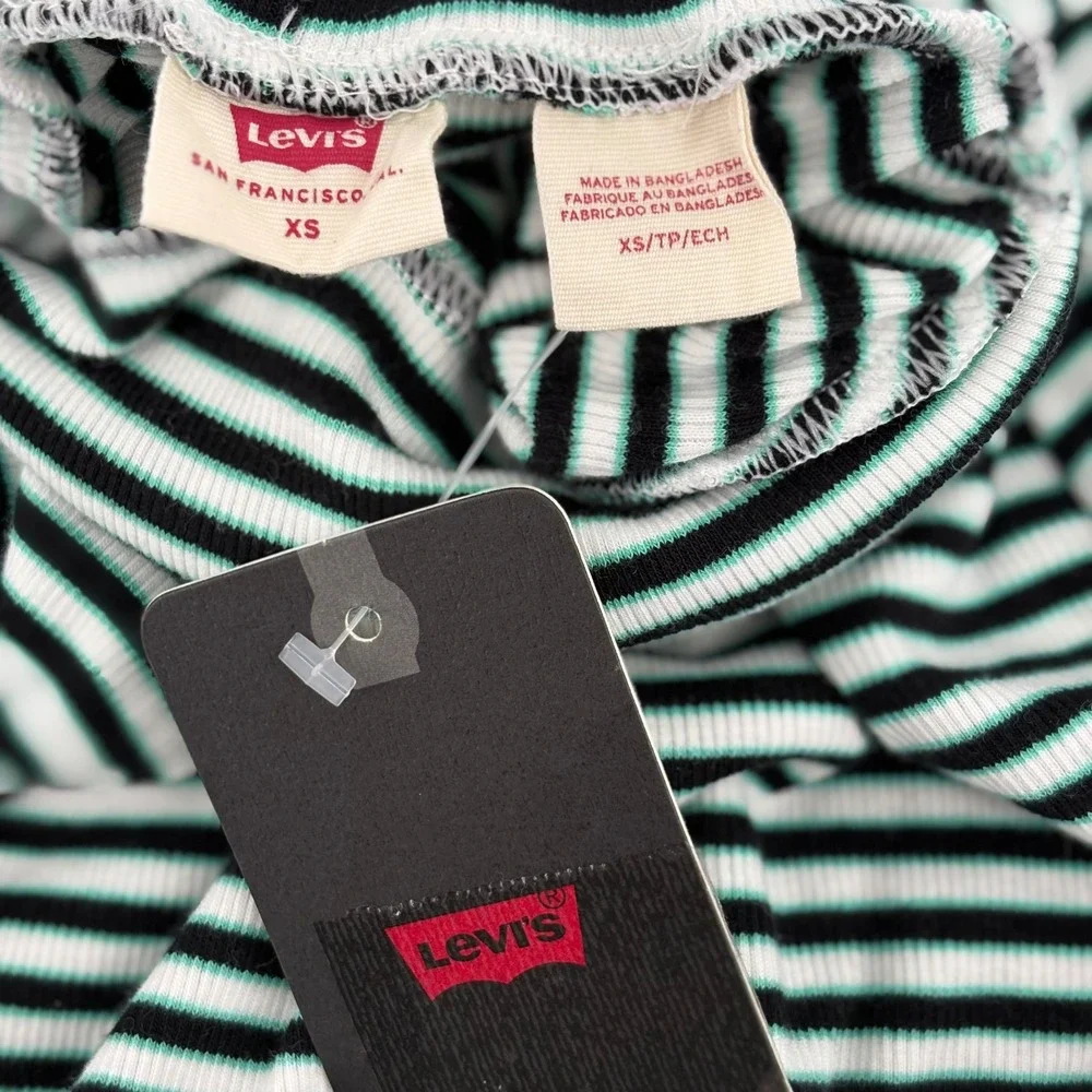 Levis Womens Striped Turtleneck‎ Cropped Long Sleeve Top XS Black White Green